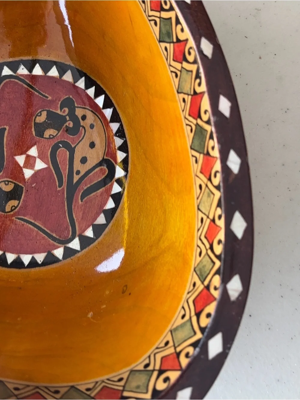 Hand Carved Wooden Bowl Mother of Pearl Inlay Animal Motif Tribal South Africa?
